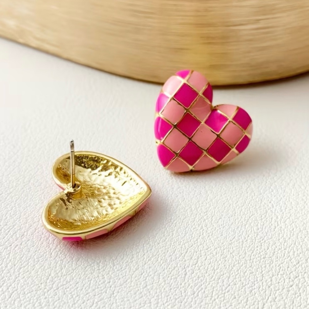 Pink Heart Earrings Checkered Pattern Gold Plated Hypoallergenic Valentine’s Day